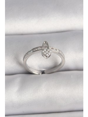 Hobilinka Pirinç Gümüş Renk Zirkon Taşlı Inci Detaylı Kilit Kalp Model Ayarlanabilir Yüzük - Tj-Byk3