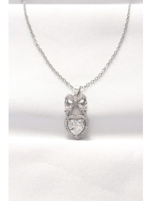 Hobilinka 316L Çelik Silver Renk Zirkon Taşlı Kalpli Fiyonk Kolye - TJ-BKO8519