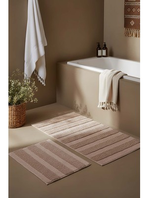 Bej Kabartmalı Çizgili 2’li Banyo & Klozet Paspas Takımı