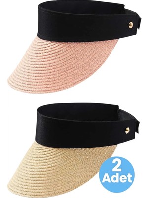 Tezzgelsin Kadın Hasır Vizör Şapka Yazlık Güneş Koruyucu Ayarlanabilir Plaj Şapkası 2'li Set