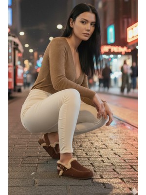 Manijero Alba Kürklü Premium MNR.016 Kadın Taba Günlük Hakiki Deri Sandalet Terlik