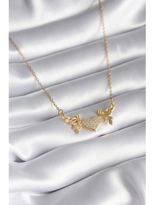 Hobilinka 316L Çelik Gold Renk Zirkon Taşlı Kanatlı Kalp Model Kadın Kolye - TJ-BKO8290