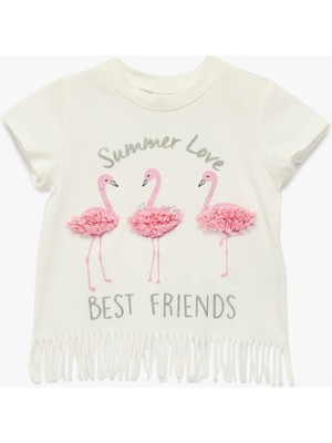 Koton Flamingo Baskılı Aplike Detaylı Kısa Kollu Bisiklet Yaka Pamuklu Püsküllü Tişört