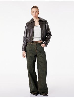 Koton Bol Kalıp Düğmeli Cepli Yıkamalı Geniş Paça Denim Pantolon - Loose Straight Fit Jean