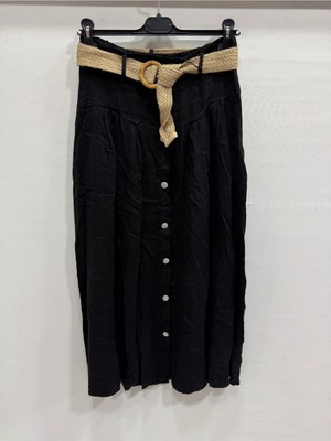 Della Moor Siyah Italyan Hasır Kemerli Sahte Düğmeli Cepli Uzun Keten Etek