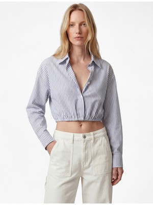 Koton Viskon Kumaş Uzun Kollu Çizgili Crop Gömlek