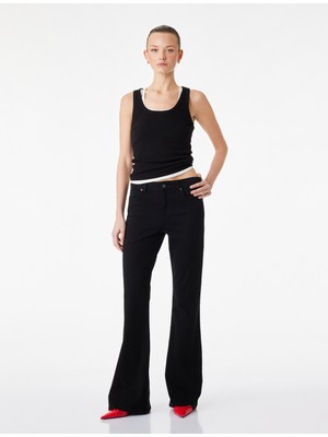 Koton Yüksek Bel Slim Fit Cepli Düğmeli Pamuklu Ispanyol Paça Denim Pantolon - Flare Jeans