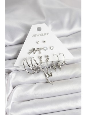 Hobilinka Pirinç Gümüş Renk 6'lı Kadın Küpe Seti - TJ-BKP11329