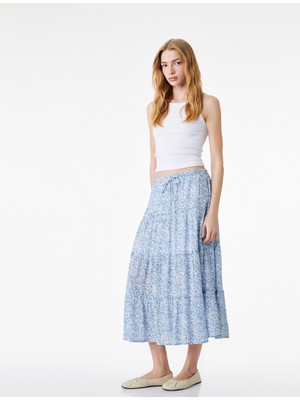 Koton Beli Bağcıklı Viskon Crinkle A Kesim Çiçekli Uzun Etek