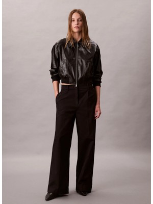 Calvin Klein Yüksek Bel Normal Siyah Kadın Pantolon Stretch Chıno W/ Pleat -Wıde Leg