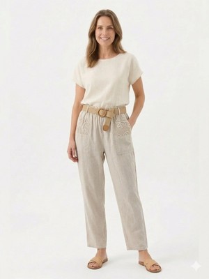 Della Moor Bej Kadın Italyan Hasır Kemerli Cebi Dantelli Havuç Kalıp Keten Pantolon