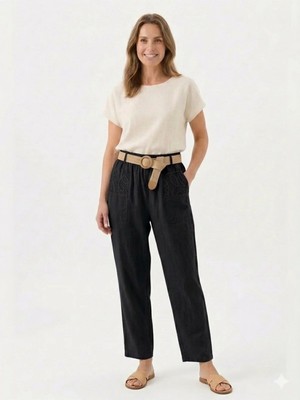 Della Moor Siyah Kadın Italyan Hasır Kemerli Cebi Dantelli Havuç Kalıp Keten Pantolon