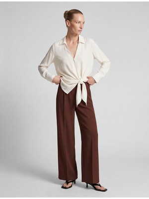 Koton Yüksek Bel Viskon Karışımlı Cepli Pileli Geniş Paça Pantolon