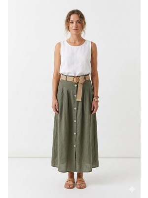Della Moor Haki Italyan Hasır Kemerli Sahte Düğmeli Cepli Uzun Keten Etek