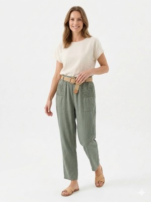 Della Moor Haki Kadın Italyan Hasır Kemerli Cebi Dantelli Havuç Kalıp Keten Pantolon