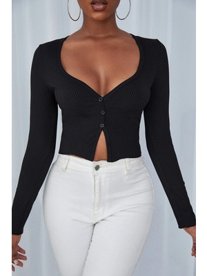Hobilinka Kadın Siyah Uzun Kollu Düğmeli Göğüs ve Göbek Dekolteli Crop Top Bluz