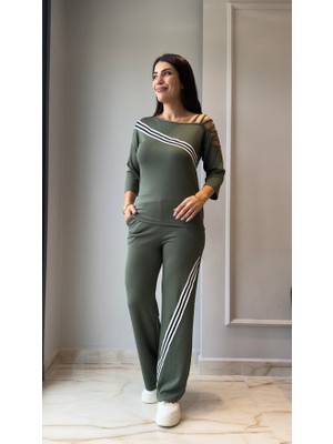Nnstartshopping  Kadın Uzun Kollu Truvakar Kol Tek Omuz Çapraz Şerit Detaylı Ribanalı Viskon Iki Iplik Bluz ve Pantolon Ikili Takım