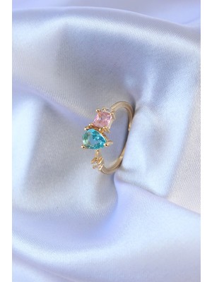 Hobilinka Gold Renk Renkli Zirkon Taşlı Pirinç Kadın Yüzük - TJ-BYK2715