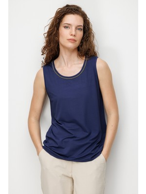 Desen Triko Kadın Sıfır Yaka Yaka Kenarı Zincirli Askılı Penye T-Shirt Lacivert