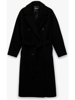 Koton Kadın Uzun Kollu Düğmeli Kruvaze Kemerli Kaşe Kaban Polyester Siyah Regular Fit