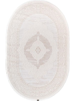 Karmen Halı Truva 8342 Oval Krem Halı Bej Kalın Akrilik Tozuaz Modern Klasik Oval Salon Halısı Koridor