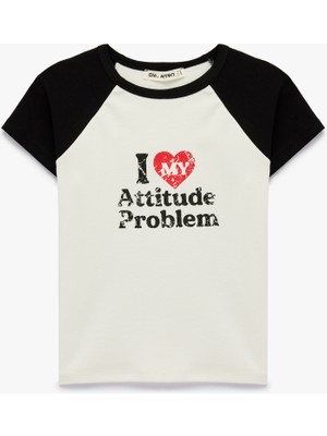 Koton Pamuklu Slim Fit Kısa Reglan Kollu Bisiklet Yaka Slogan Baskılı Tişört