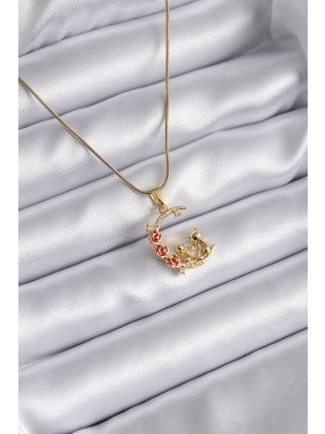 Hobilinka 316L Çelik Gold Renk Hilal Kedi Model Zirkon Taşlı Detay Kadın Kolye - TJ-BKO8140