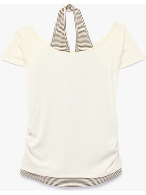 Koton Viskon Karışımlı Kayık Yaka Kısa Kollu Slim Fit Crop Tişört