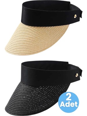 Tezzgelsin Kadın Hasır Vizör Şapka Yazlık Güneş Koruyucu Ayarlanabilir Plaj Şapkası 2'li Set