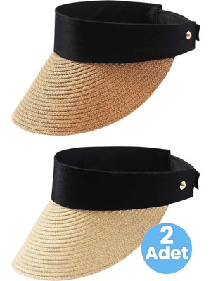 Tezzgelsin Kadın Hasır Vizör Şapka Yazlık Güneş Koruyucu Ayarlanabilir Plaj Şapkası 2'li Set