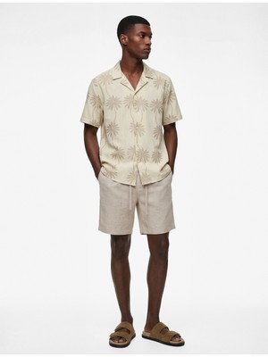 Koton Regular Fit Kısa Kollu Pamuklu Palmiye Desenli Apaş Yaka Gömlek