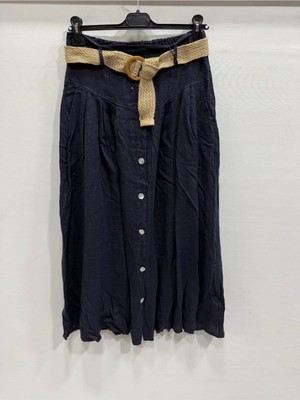 Della Moor Lacivert Italyan Hasır Kemerli Sahte Düğmeli Cepli Uzun Keten Etek