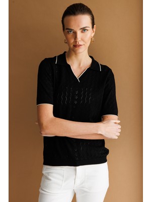 Desen Triko Kadın Polo Yaka Ajurlu Ince Triko Bluz Siyah