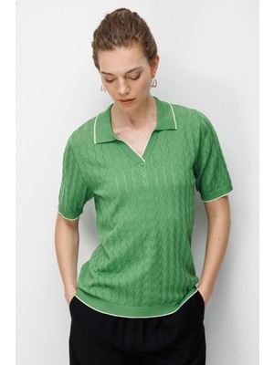 Desen Triko Kadın Polo Yaka Ajurlu Ince Triko Bluz Yosun