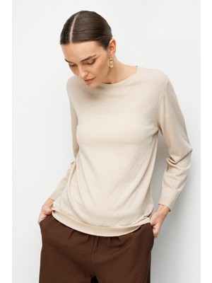 Desen Triko Kadın Sıfır Yaka Desenli Uzun Kollu Ince Triko Bluz Bej