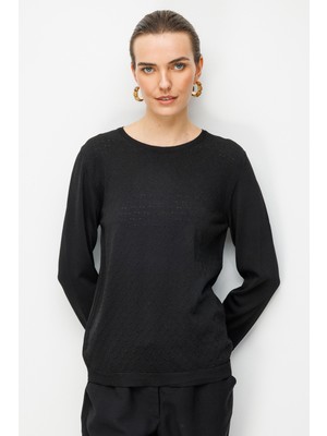 Desen Triko Kadın Sıfır Yaka Desenli Uzun Kollu Ince Triko Bluz Siyah