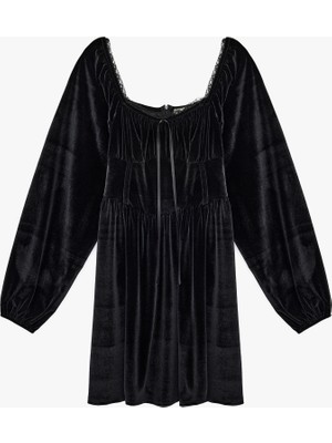 Koton Uzun Balon Kol Kare Yaka Mini Fiyonklu Kadife Elbise