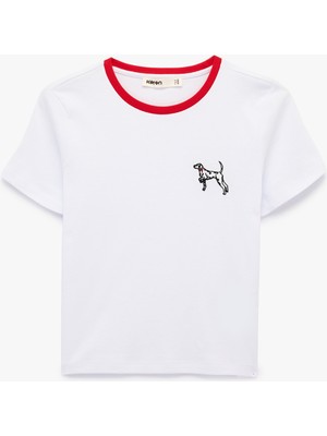 Koton Pamuklu Slim Fit Kısa Kollu Bisiklet Yaka Köpek Nakış Detaylı Tişört