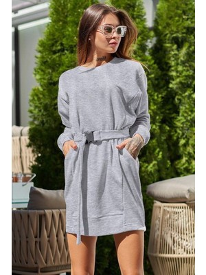 Stelol Kadın Uzun Kollu Bisiklet Yaka Kuşaklı Iki Iplik Elbise