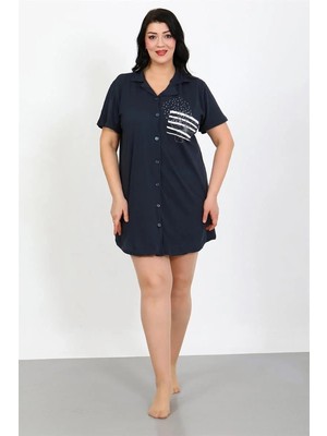 Hobilinka Büyük Beden Penye Düğmeli Lacivert Tunik Gecelik