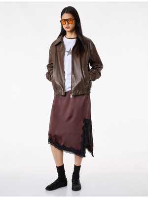 Koton Asimetrik Slim Fit Dantel Detaylı Saten Midi Etek