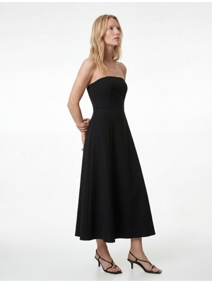 Koton Krep Scuba Kumaş Midi Boy Straplez Kloş Elbise