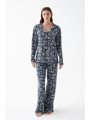 Hobilinka Kadın Lacivert “paris” Yazı Desenli Düğmeli Pamuklu Pijama Takımı