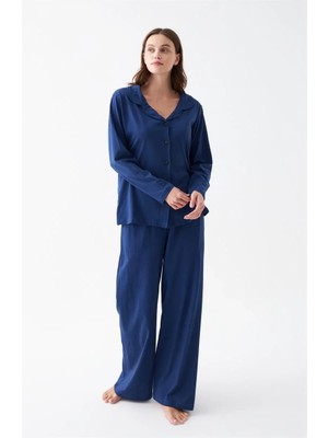 Hobilinka Kadın Lacivert Düğmeli Yaka Detaylı Pamuklu Pijama Takımı