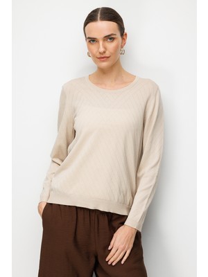 Desen Triko Kadın Sıfır Yaka Verev Çizgili Yanı Düğmeli Uzun Kollu Ince Triko Bluz Bej