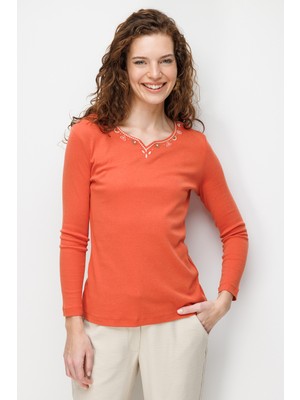 Desen Triko Kadın Sıfır Yaka Yakası ve Kolu Işlemeli Pamuklu Penye Bluz Portakal