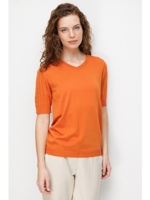 Desen Triko Kadın V Yaka Ajurlu Kısa Kollu Ince Triko Bluz Oranj