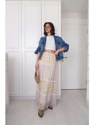 Renkli Çiçek Desenli Şifon Etek