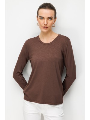 Desen Triko Kadın Sıfır Yaka Flamlı Kumaş Basic Penye Bluz K.kahve