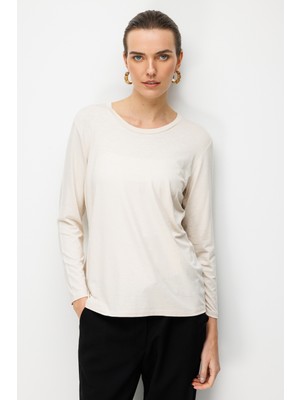 Desen Triko Kadın Sıfır Yaka Flamlı Kumaş Basic Penye Bluz Bej